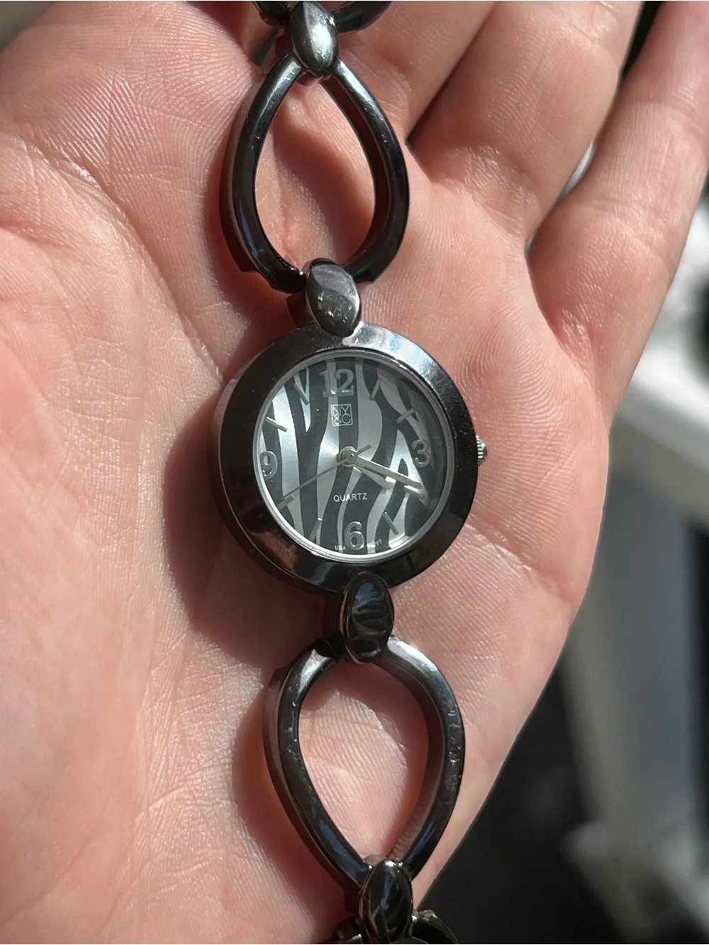 New York & Company Gunmetal Zebra Print Quartz Bracelet Watch Y2K